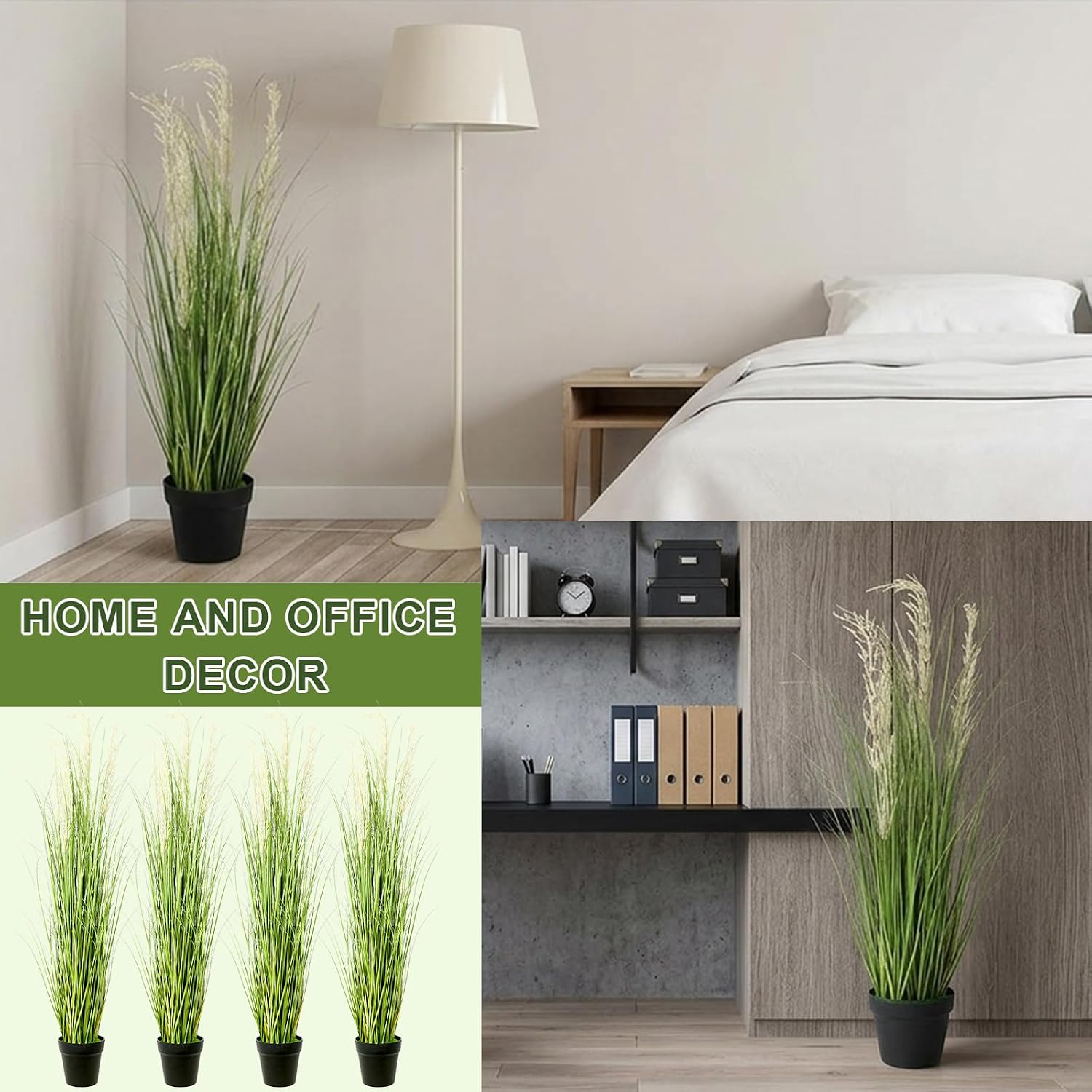 4 Pack 4 ft Tall Artificial Grass Plant Fake Pampas Grass in Pot Large Faux Floor Plants Potted Artificial Greenery for Indoor Outdoor Garden Home Bathroom Office Room Housewarming Wedding Decoration