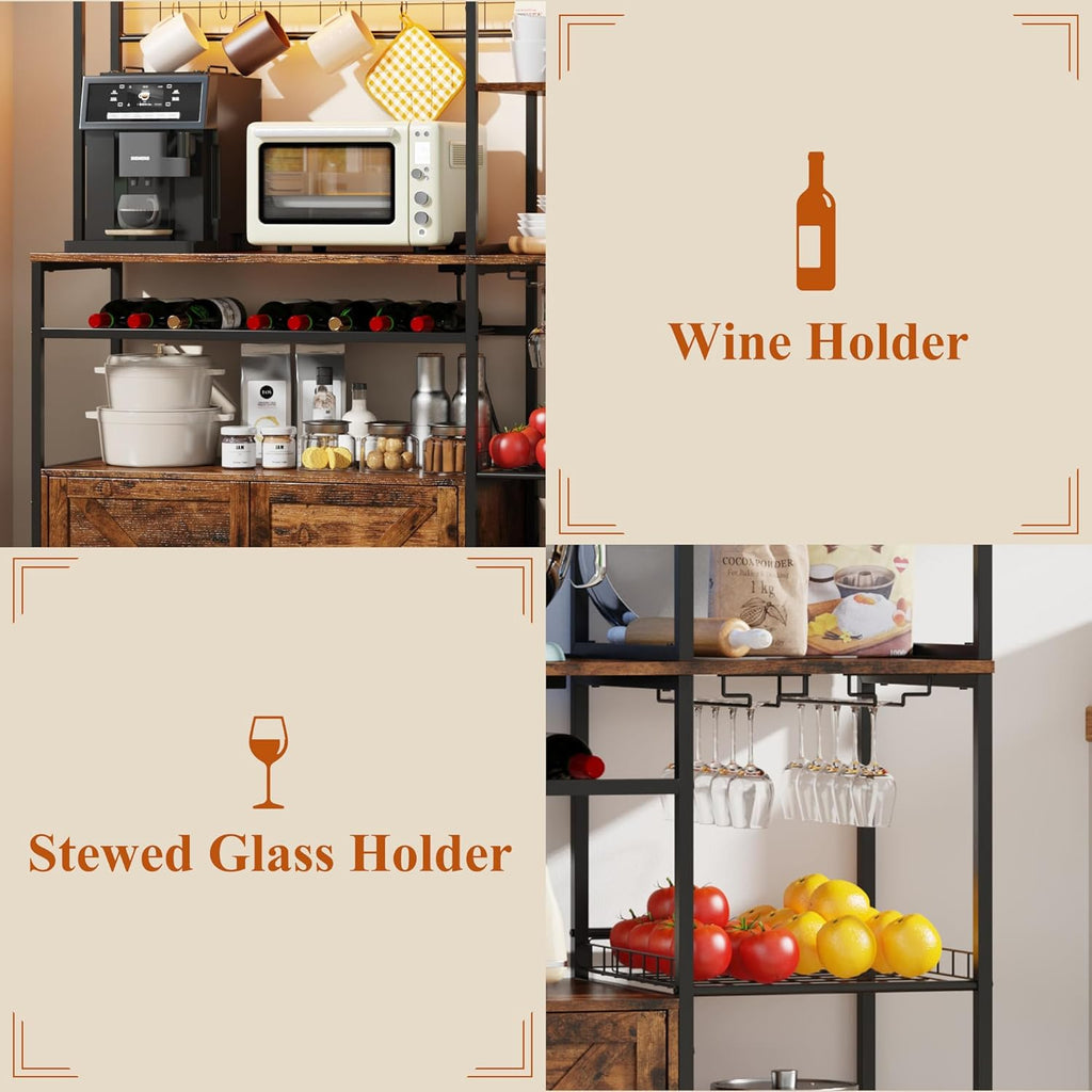 67 in Tall Bakers Rack with Power Outlet & LED Light, Coffee Bar Cabinet with 2 Cabinets, 47.2 in Kitchen Microwave Stand with Shelves Glass Holder and Wine Basket, Mesh Shelves Drainage net