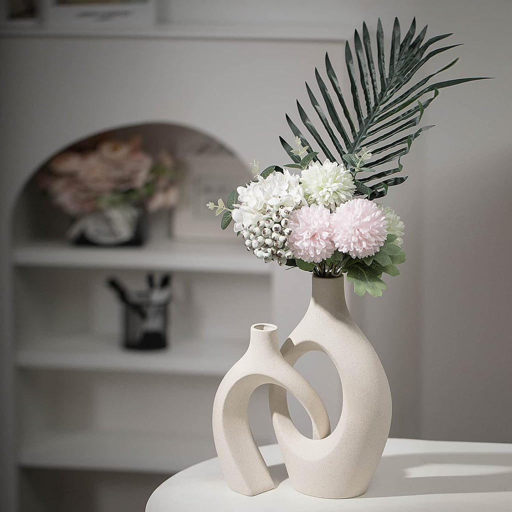 Liotww Extra Large Hollow Nordic Modern Ceramic Vases Set of 2, Milky White Aesthetic Round Donut Boho ins Style Flower Decorative Vase for Room Home Book Shelf Table Decor (Matte W 8" X H 11")