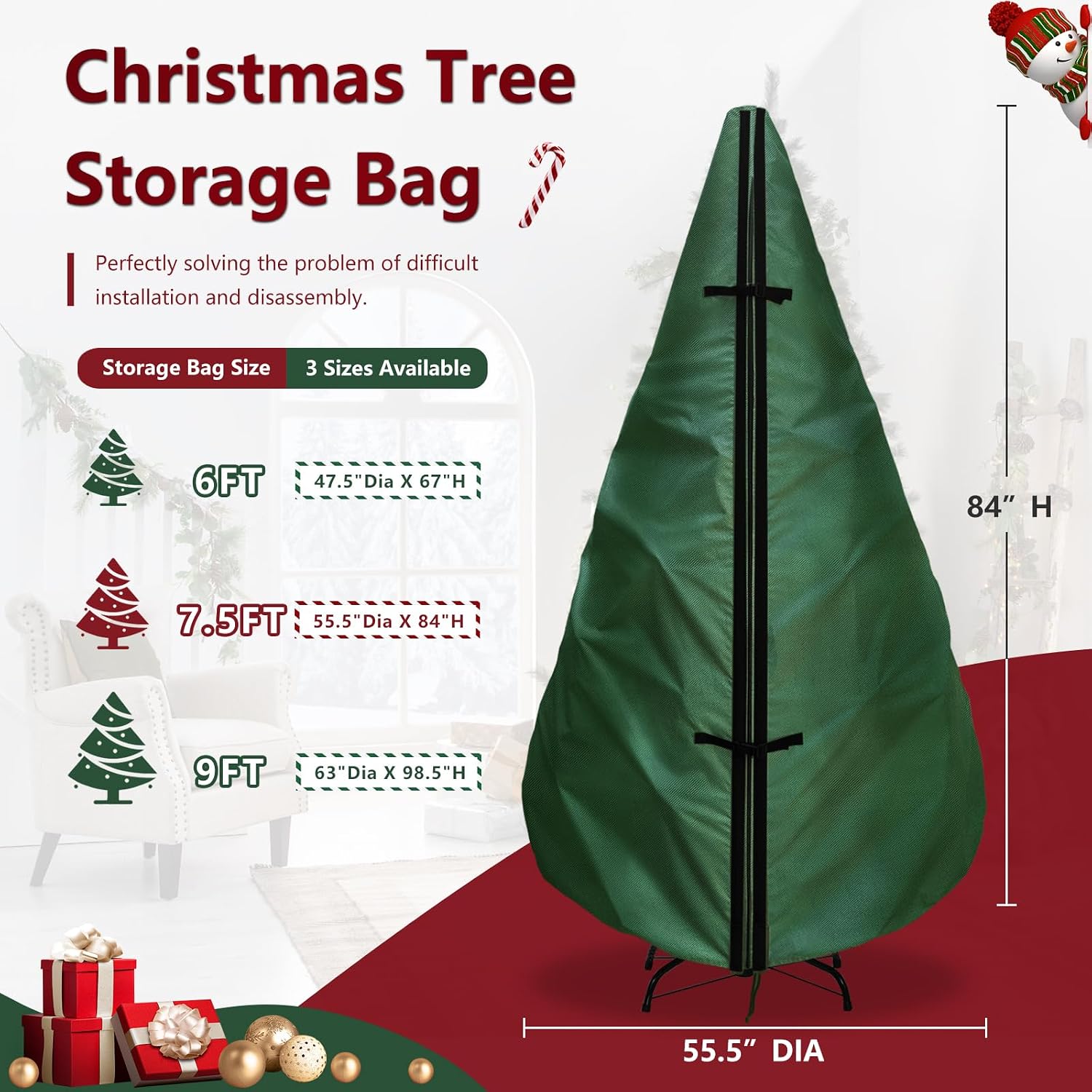 Upright Christmas Tree Storage Bag 7.5Ft,Christmas Tree Covers for Upright Storage for 7 Ft /7.5 Ft Artificial Christmas Trees with Ornaments,Equipped with Patented Support Rod Technology-Green