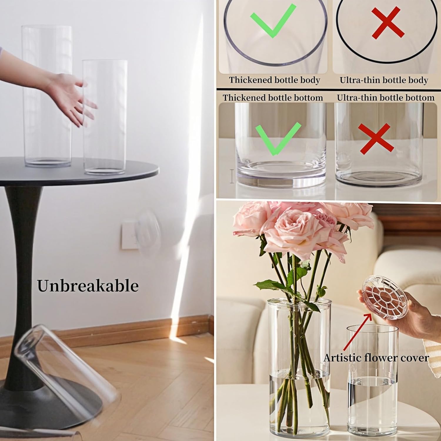 Extra Large Acrylic Cylinder Clear Vase for Floor, Tall Big Wide Mouth Plastic Unbreakable Hurricane Flower Vases of 3 for Home Decor (D 8" X H 19.7", D 6", D 4.8" + 2 Holder)