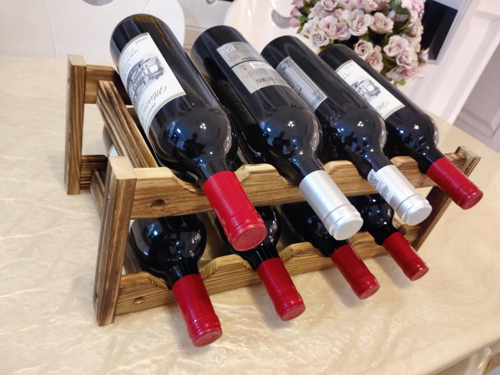 8-Bottle Wood Wine Rack - 2-Tier Countertop Wine Bottle Holder for Kitchen, Bar, Pantry, Dining Room | Small Freestanding Stackable Liquor Storage Organizer, Carbonized Pine