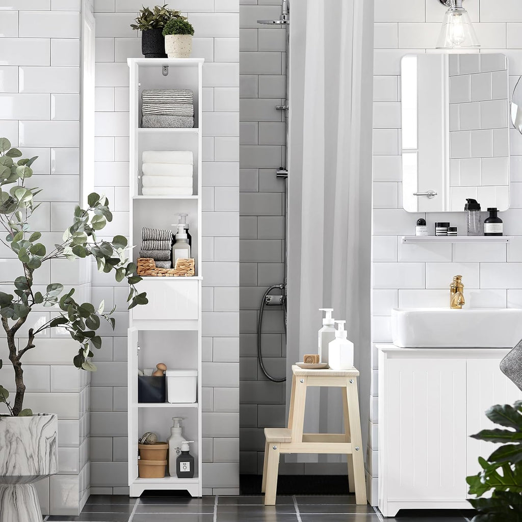 SoBuy Narrow Bathroom Storage Cabinet, Tall Slim Bathroom Organizers and Storage for Small Spaces, Freestanding Skinny Cabinet with Doors and Shelves for Tight Corners, White BZR109-W