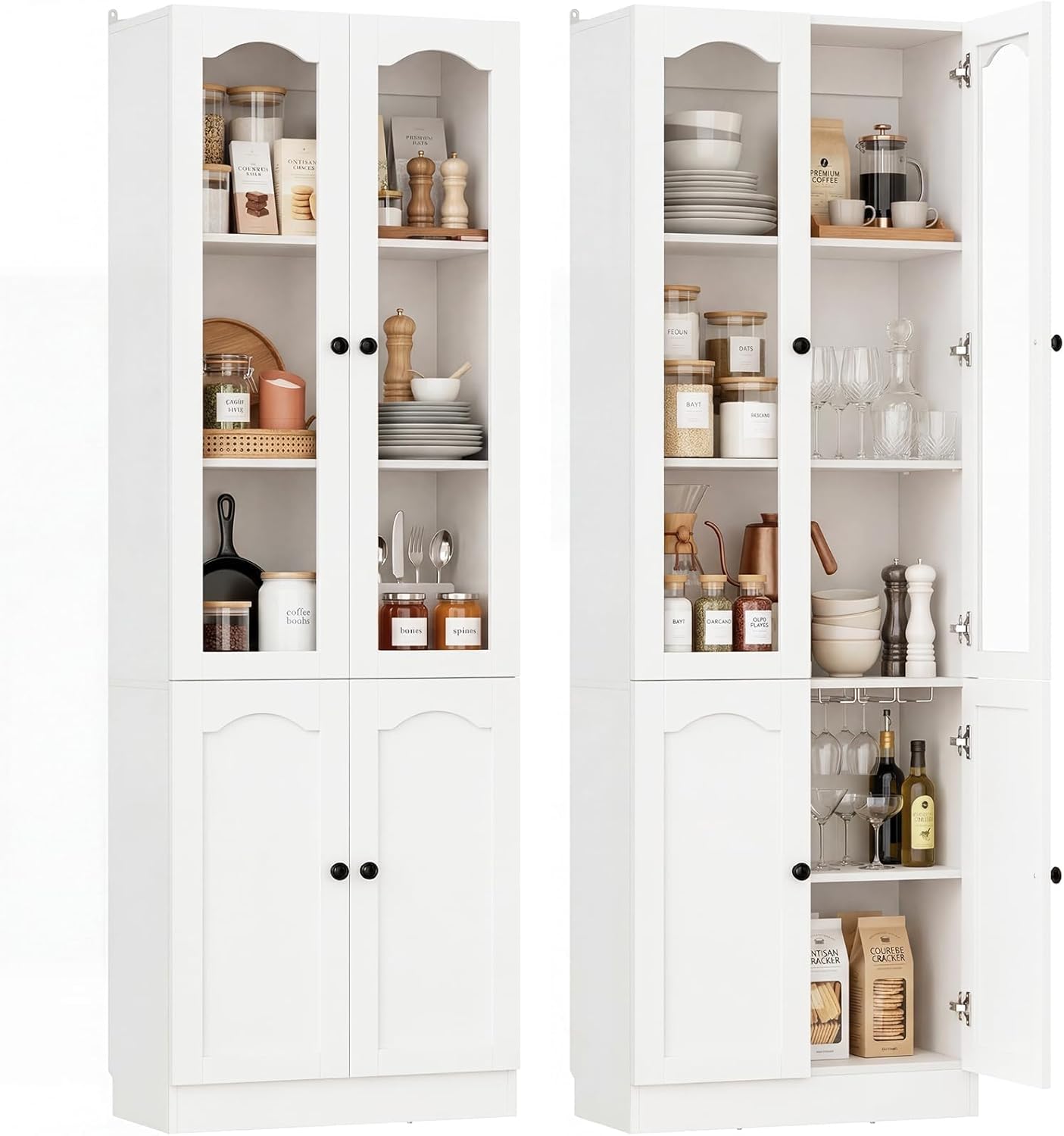 Cyclysio 80" Tall Pantry Cabinet with 4 Doors, White Kitchen Pantry Storage Cabinet with Built-in Baseboard Notch & Adjustable Shelves – Kitchen Storage Cabinet for Dining, Living Room, Office