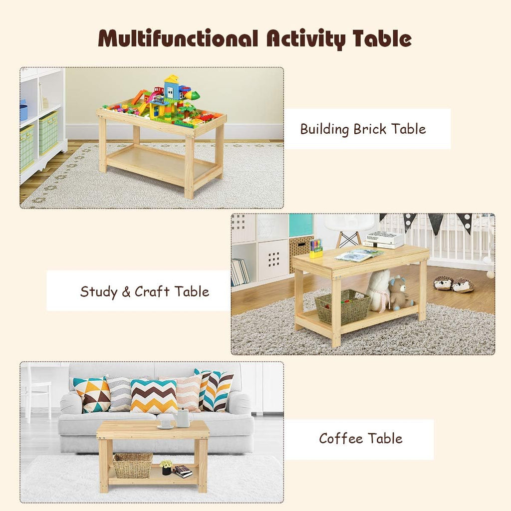 Costzon 2 in 1 Kids Activity Table w/Storage, Patented Building Block Table w/Board for Bricks Crafts Arts Draw, Children Solid Wood Play Table Desk for Preschool Toddler Boy & Girl Gift, Natural