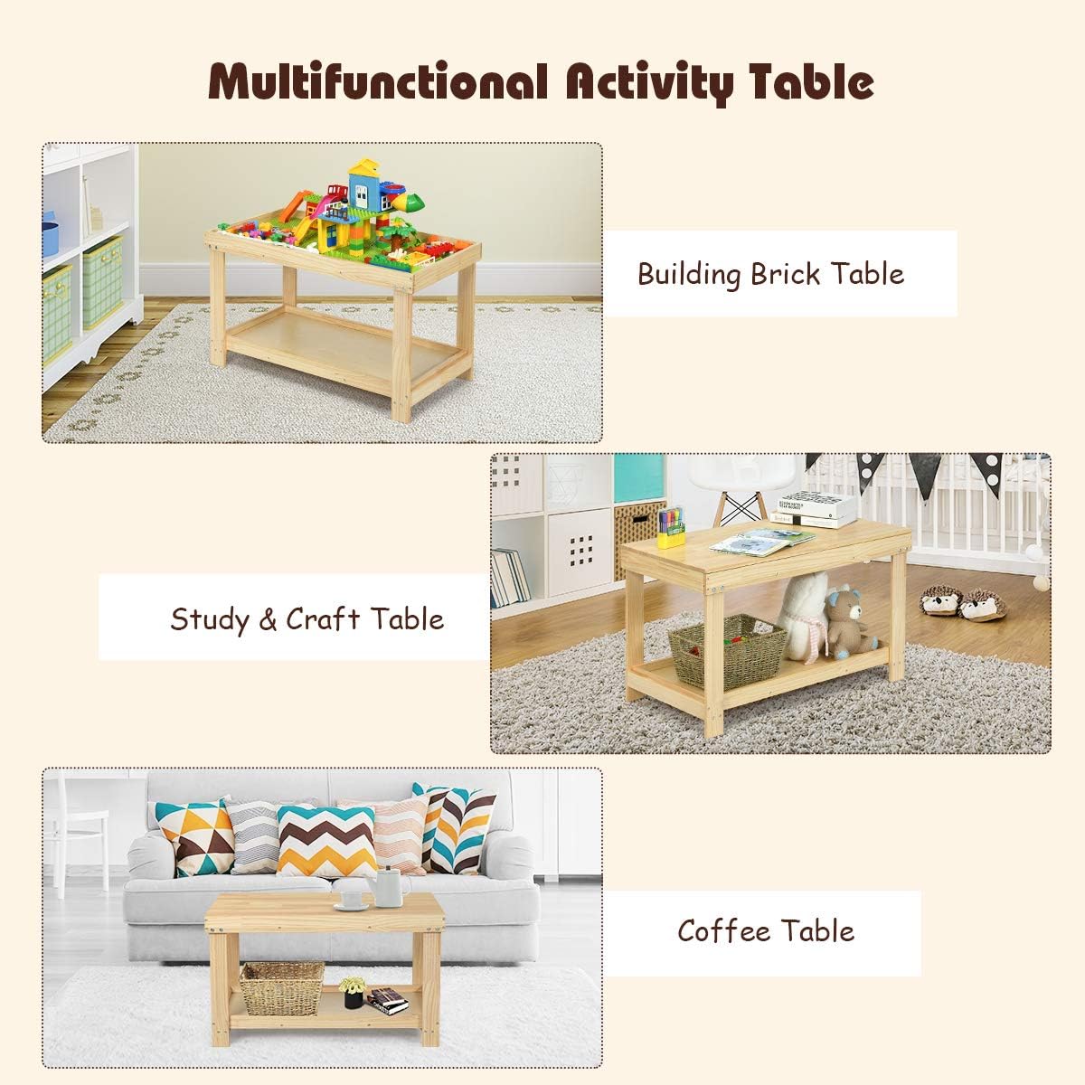 Costzon 2 in 1 Kids Activity Table w/Storage, Patented Building Block Table w/Board for Bricks Crafts Arts Draw, Children Solid Wood Play Table Desk for Preschool Toddler Boy & Girl Gift, Natural