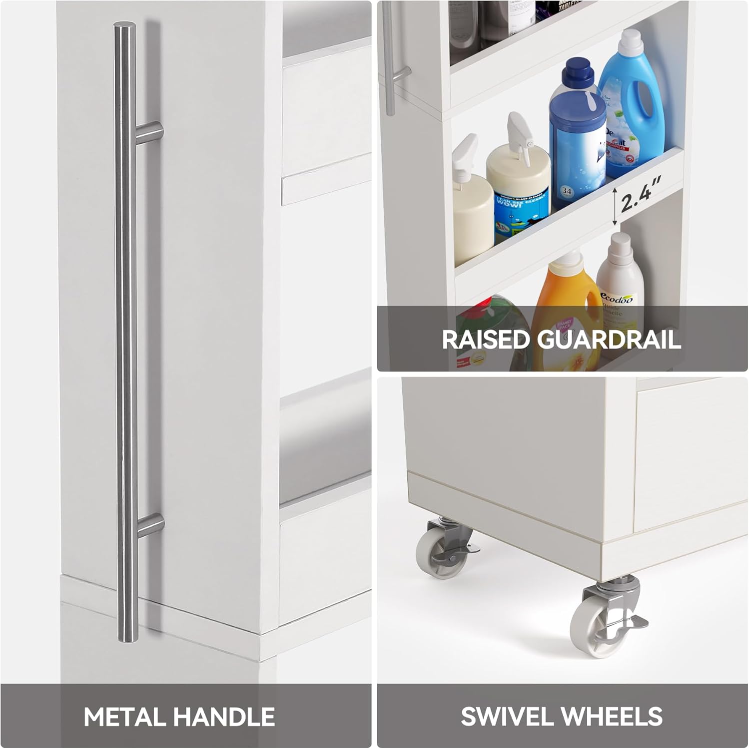 LITTLE TREE 63-Inch Slim Storage Cart on Wheels, 5-Tier Tall Narrow Mobile Shelf Organizer, Rolling Utility Cart with Metal Handle for Kitchen, Dining Room, Small Spaces, White