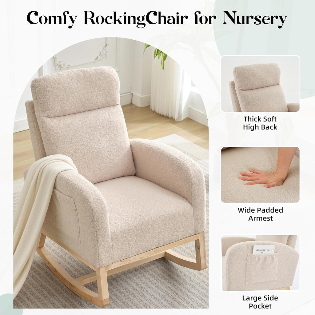 Modern Nursery Rocking Chair, Upholstered Glider Rocking Chair for Living Room, Comfortable Rocker Recliner with Side Pocket, Rocker Glider for Bedroom, Nursing Room