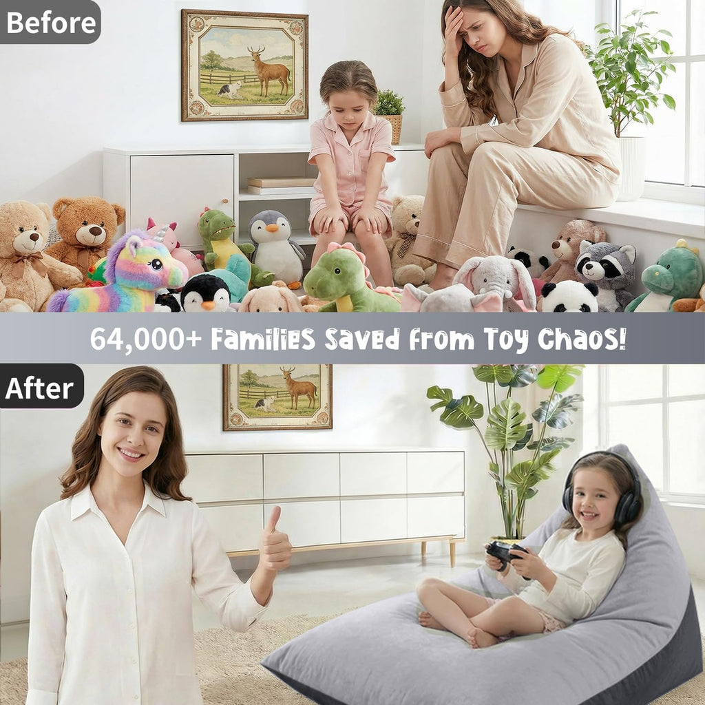 400L Stuffed Animal Storage Bean Bag Chair Cover, Grey | Extra Large Triangular, Ultra Soft Premium Velvet, Washable Lazy Sofa Cover, No Filler, Storage for Kids Stuffed Toys