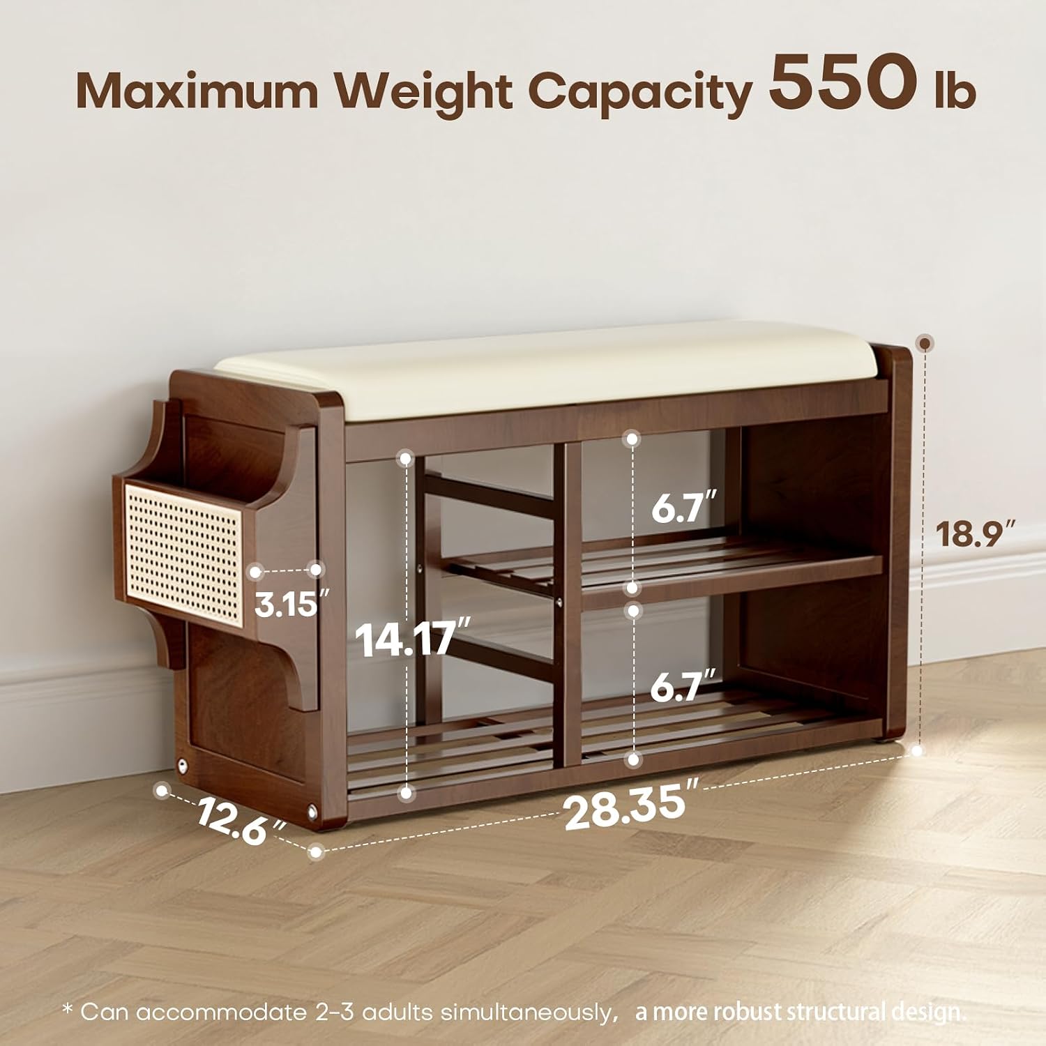 Solid Wood Shoe Bench with Leather Cushion, Shoe Storage Organizer with Side Holder, Shoe Rack Bench for Entryway, Hallway, Living Room, Mudroom, Holds Up to 600lb (Walnut, 31.5"Wx12.6"Dx18.9"H)