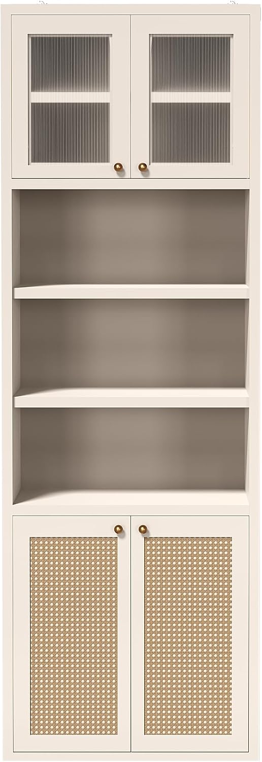 71.3''Tall Kitchen Pantry Cabinet with Oversized Open Shelf & Coffee Station,Tall Extra Deep Enclosed Storage, Fluted Rattan Doors,Adjustable Shelves, Anti-Tip, for Multi-Room Use,White
