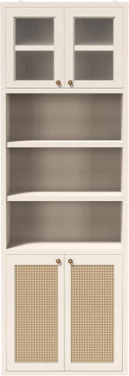 71.3''Tall Kitchen Pantry Cabinet with Oversized Open Shelf & Coffee Station,Tall Extra Deep Enclosed Storage, Fluted Rattan Doors,Adjustable Shelves, Anti-Tip, for Multi-Room Use,White