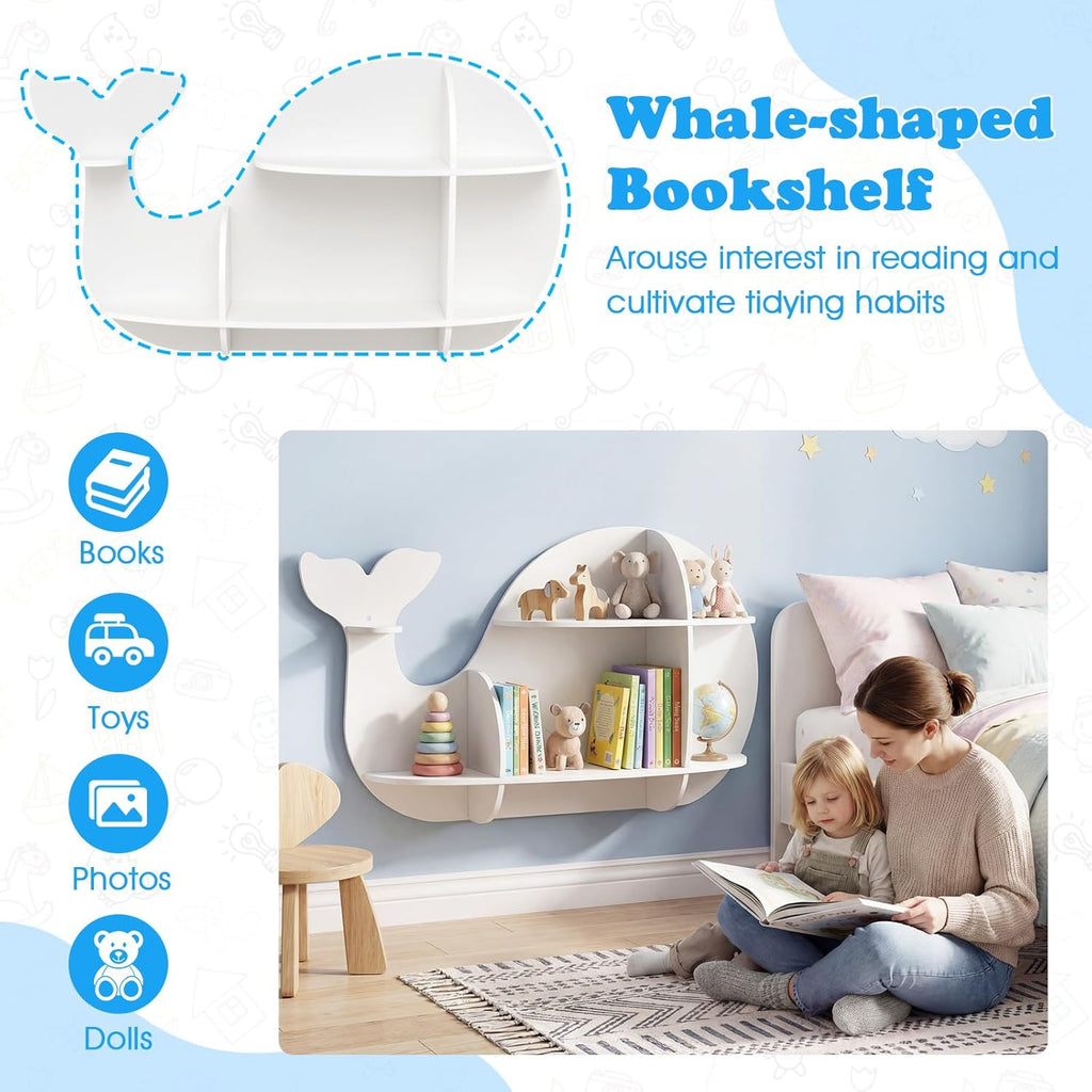GLACER Wall Mounted Kids Bookshelf, Whale-Shaped Floating Bookshelf with 6 Open Shelves & 2 Tier Floating Wall Shelf, Wooden Nursery Bookshelf for Kid’s Room Bedroom Living Room Reading Corner