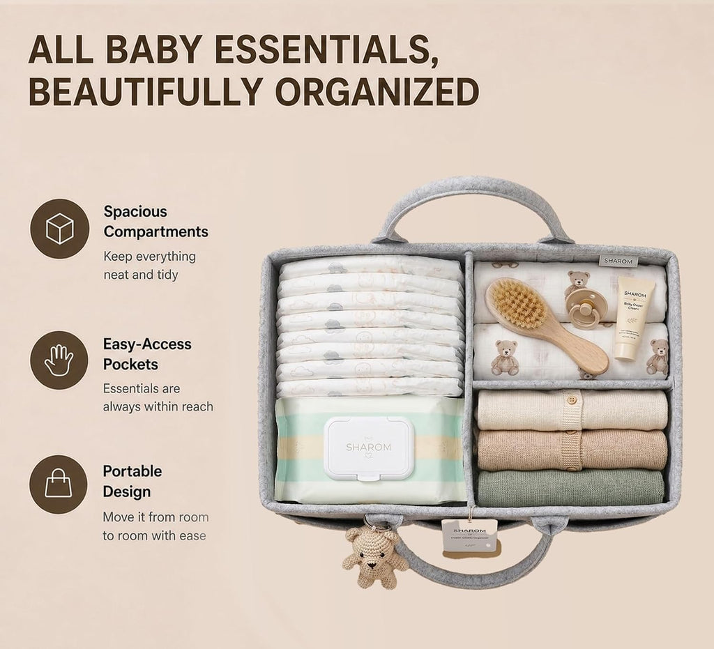 SHAROM Essential Baby Caddy for Newborns. Spacious, Sturdy & Portable Diaper and Nappy Caddy for Newborn Essentials, Nursery Storage Basket & Organiser for Baby Shower Gifts (Grey)