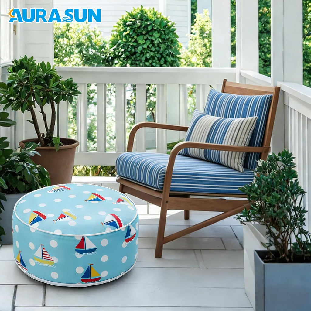 AURASUN Inflatable Outdoor Ottoman Pouf - Portable Footstool with Handle D20” x H10” - Air Pump Included for Outdoor Indoor Use - Comfortable Foot Rest or Seating for Camping or Pool (Light Blue)