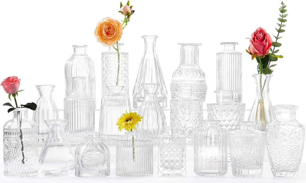 Glass Bud Vases -Set of 20 for Flowers, Small Clear Bud Vases in Bulk for Centerpieces Home Decor, Mini Glass Assorted for Rustic Wedding Floral Arrangements Home Table Decorations
