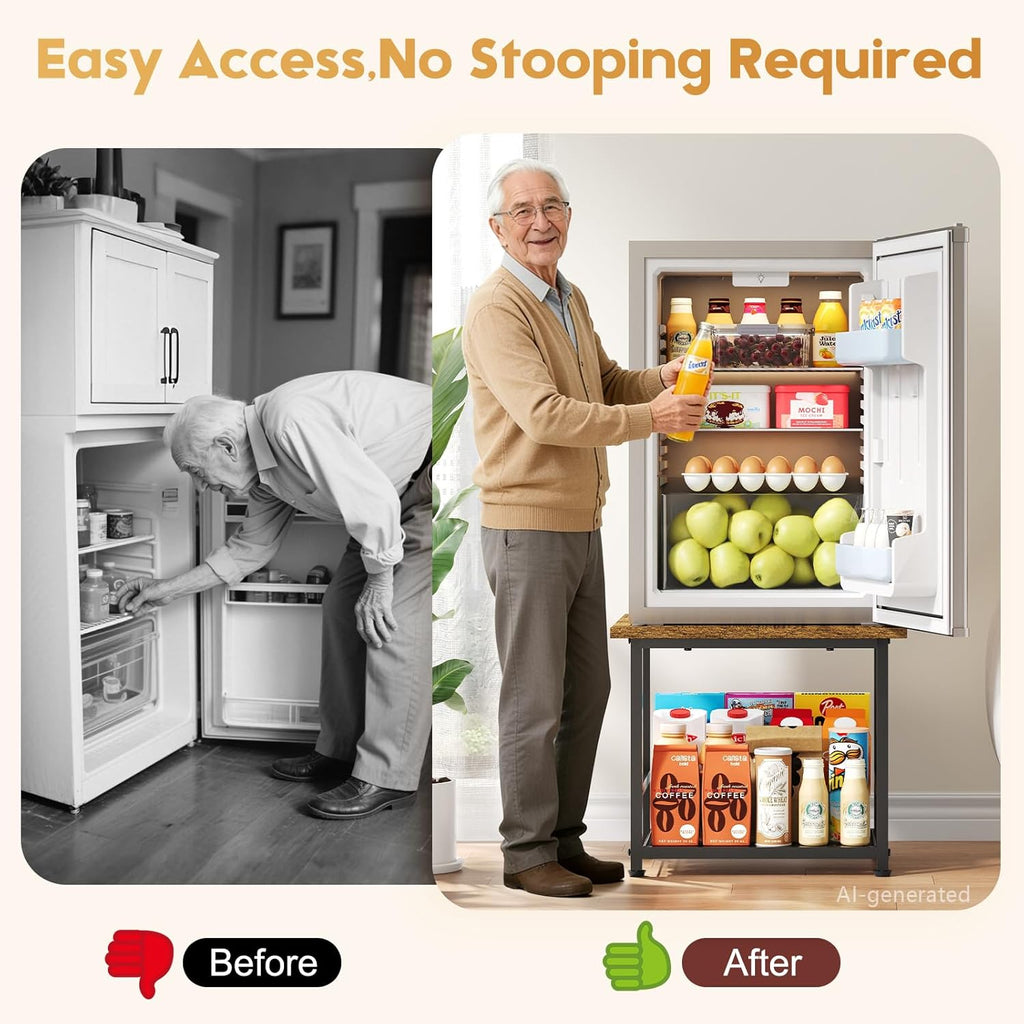Mini Fridge Stand with Storage, End Table with 2-Tire Storage Shelf,Small Refrigerator Stand-Max Load 300 LBS Heavy Microwave Printer Stand Utility Cart for Dorm, Apartment, Kitchen, Office (Brown)