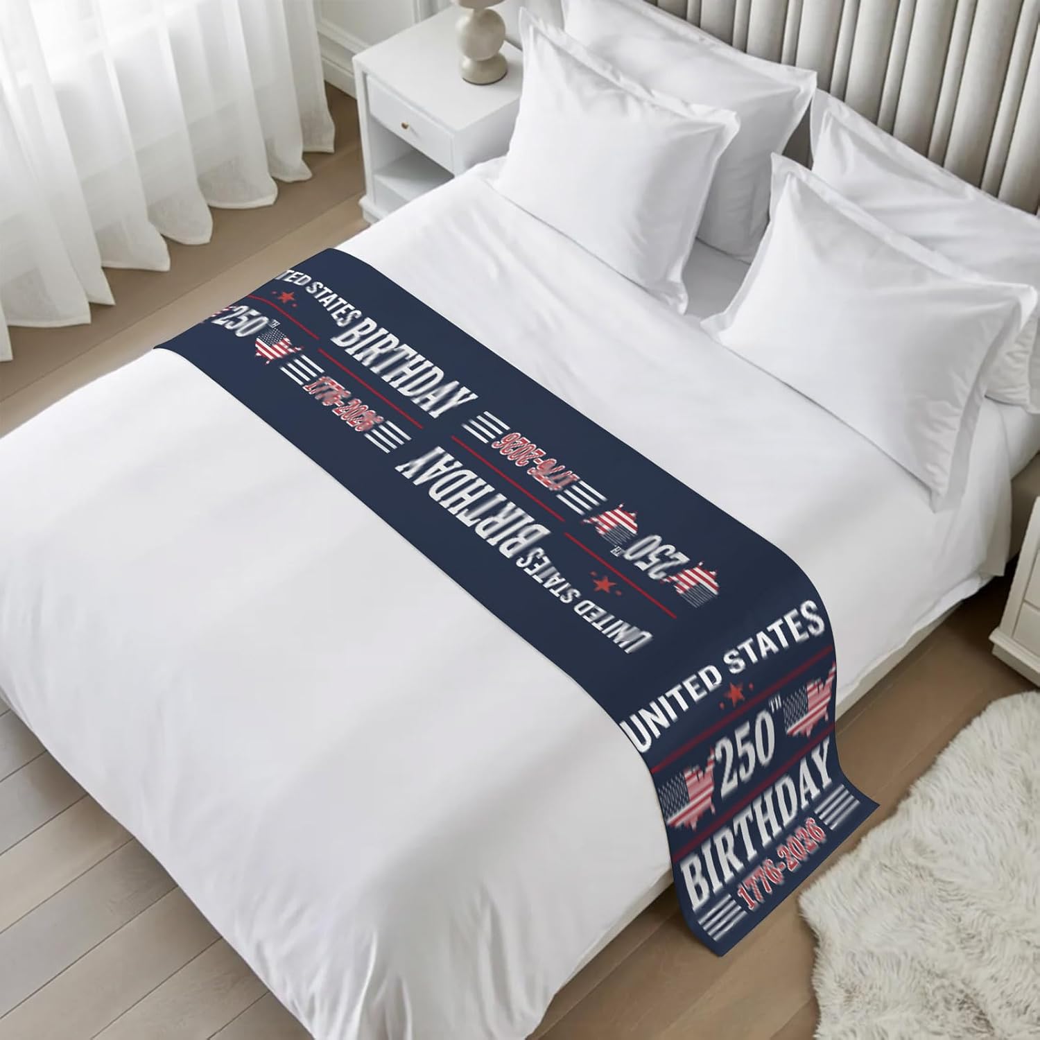 Navy Blue 4th of July Bed Runners for King Size Beds, Decorative Bed Throws for Foot of Beds, Luxury Bedding Protector Slipcover Independence Day Vintage Art Bedrunners & Scarves for Hotel, 102"x20"