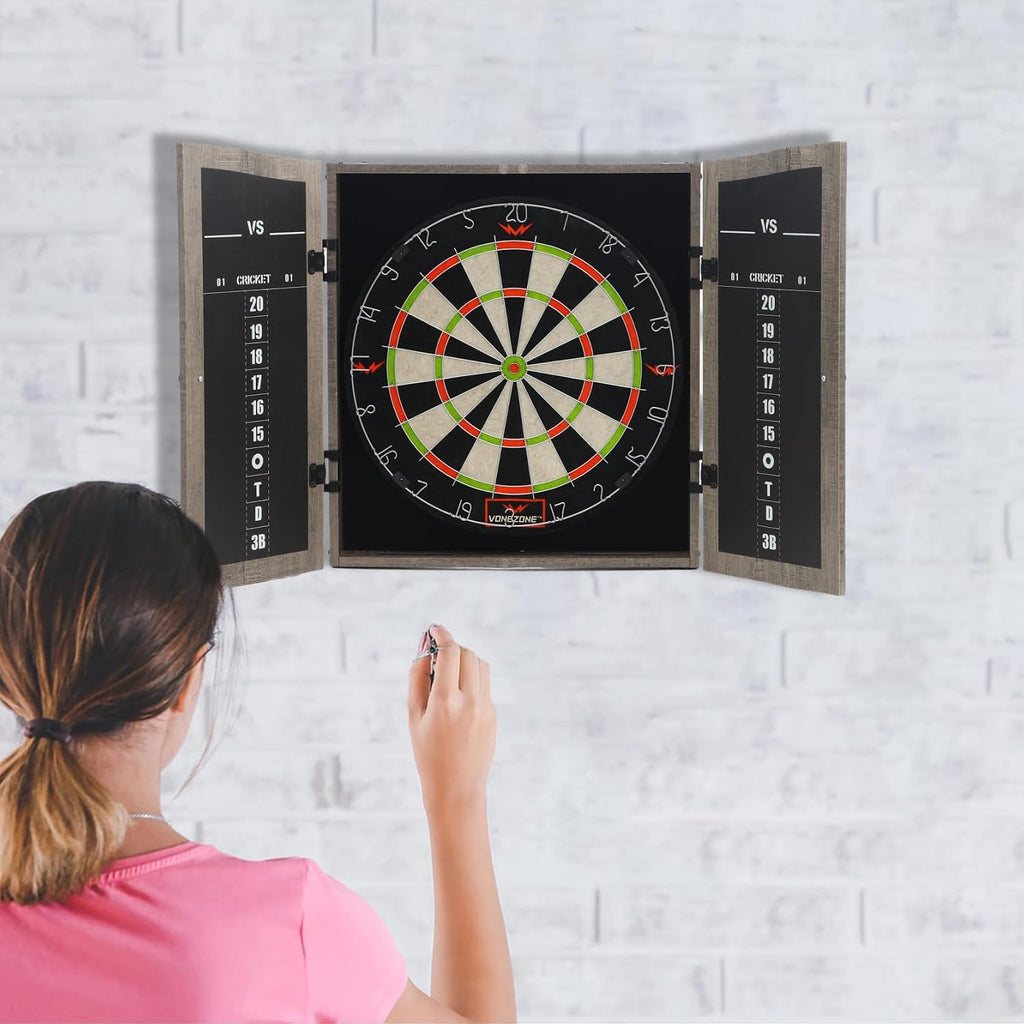 Dartboard Cabinet Set with 18" Bristle Dartboard - Self-Healing Sisal, 6 Steel Tip Darts, Scoreboard & Chalk - All-in-One Game Room Set for Home, Bar, Garage (Gray)