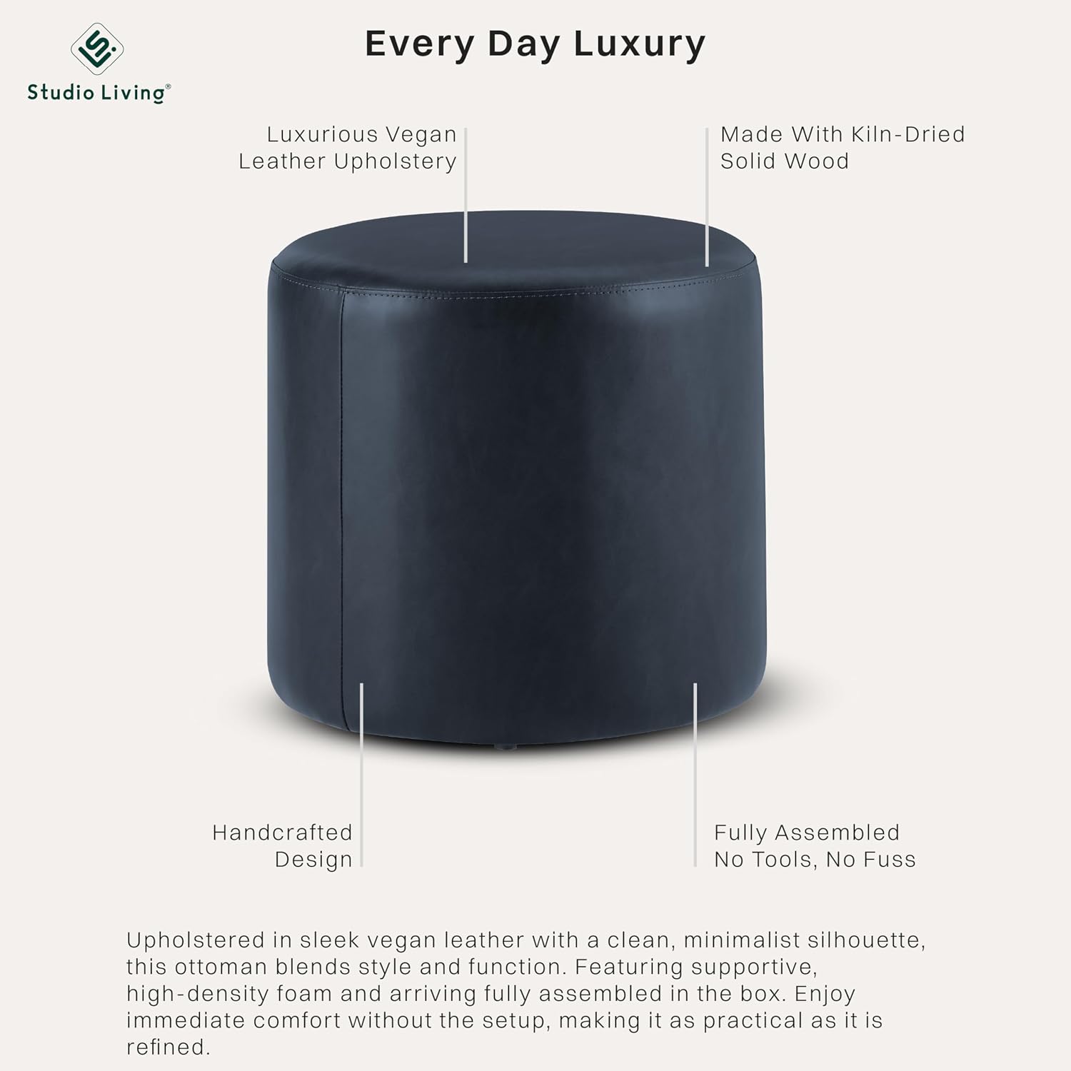 Studio Living® 19” Wentworth Ottoman Round Faux Leather Bench, Stationary Ottomans, Backless Chair, Footrest for Living Room, Footstool Office, Bedroom, Padded Seat, Navy Blue