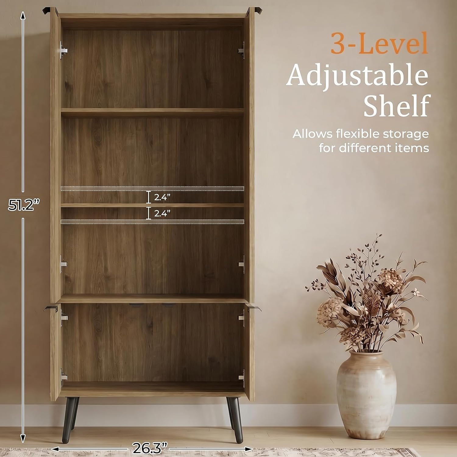 Oak Fluted 51" Tall Wooden Kitchen Pantry Storage Cabinet Food Organize with Adjustable Shelves, Modern Accent Cabinet Sideboard Buffet for Dining Room, Entryway, Bathroom, Home Office