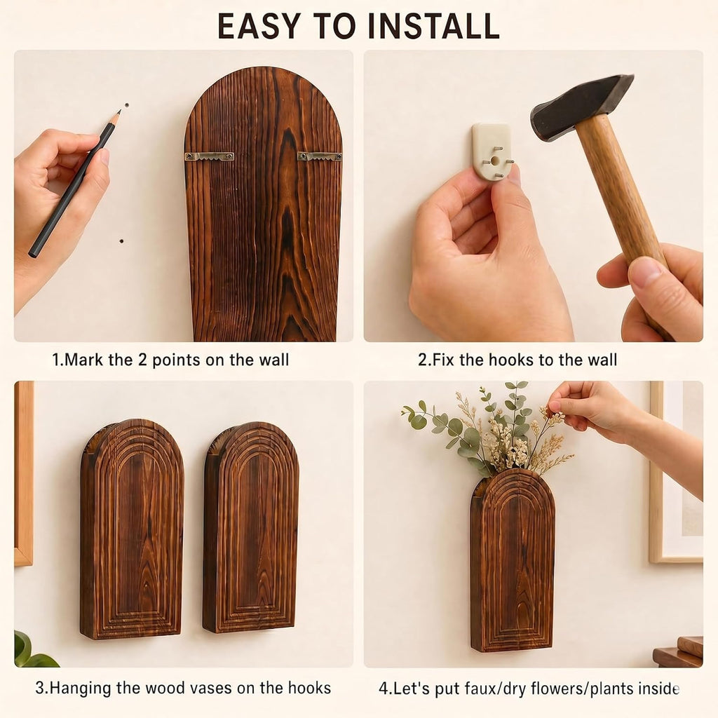 2 Pack Wooden Wall Vase, Dark Brown Hanging Wall Planter, Modern Boho Wall Decor, Farmhouse Entryway Bathroom Wall Decor, Rustic Art for Living Room, Bedroom, Dining Room