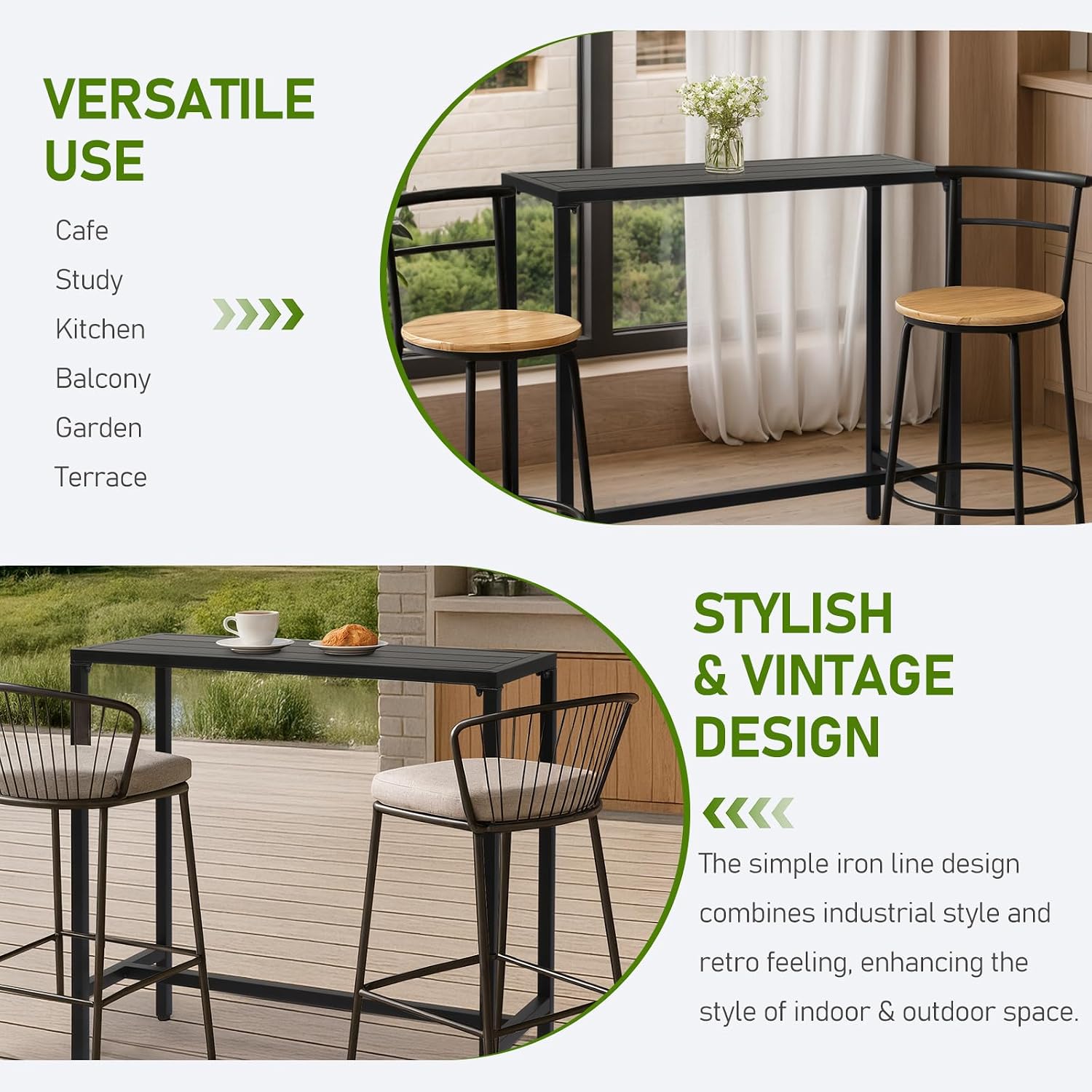 Outvita Outdoor Bar Table, Heavy Duty 40" Metal Table for Balcony Bistro | Waterproof Sturdy Frame Adjustable Foot for Hot Tub Patio Backyard Balcony Hallway Rectangle Black Heavy Duty Counter Height