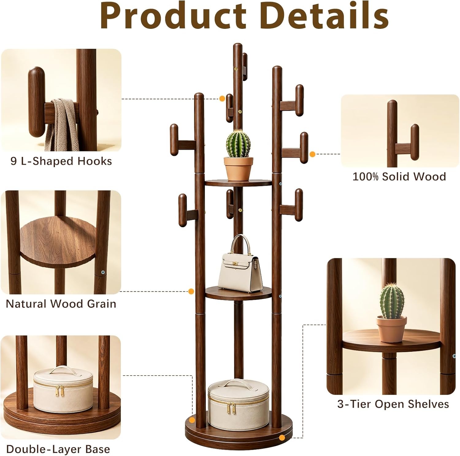 Rotary Coat Rack Freestanding - Solid Wood Coat Tree with 9 hooks & 3 Storage Shelves for Purse, Bag, Jacket, Hat, Corner Hanger Stand Racks for Hall, Entryway, Office, Modern Clothes Holder