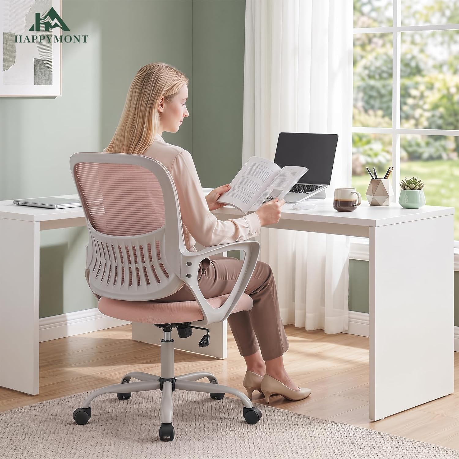 Home Office Desk Chair, Ergonomic Mid-Back Mesh Computer Chair with Comfortable Lumbar Support, Height Adjustable Swivel Task Chair with Fixed Armrest for Adults, Student, Pink