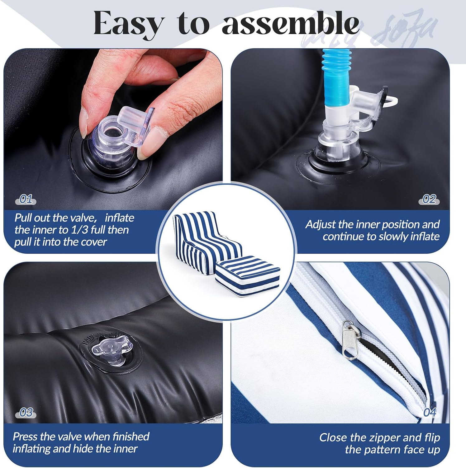 Gemscream Outdoor Inflatable Bean Bag Chair and Ottoman, Portable Inflatable Bean Bag and Ottoman with Handle for Patio Garden Home Boho Decorative Living Room(Blue and White Stripes)