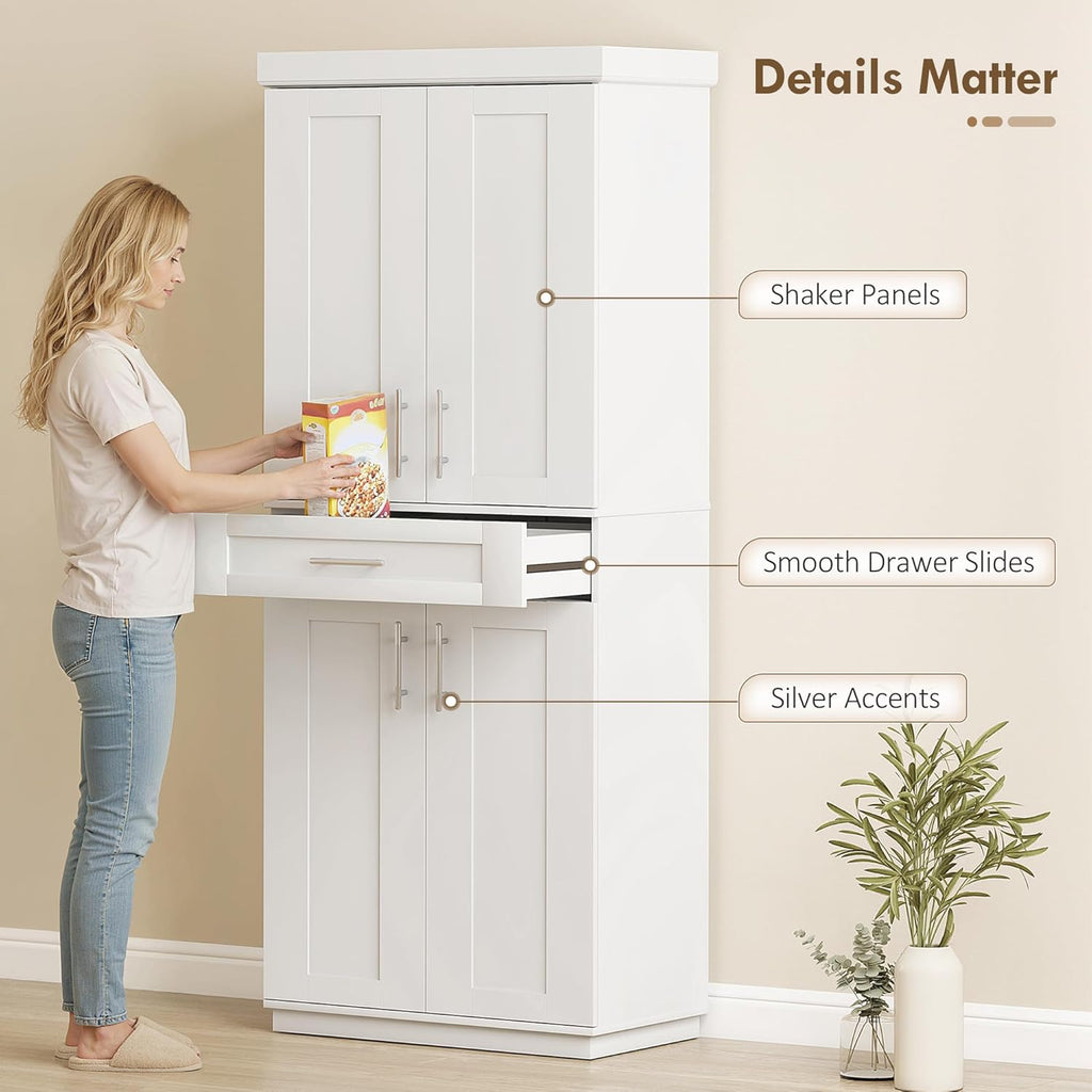 HOMCOM 72" Kitchen Pantry Cabinet, Freestanding Tall Storage Cabinet with 4 Doors, Drawer and 3 Adjustable Shelves for Dining Room, White