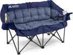 Double Camping Chairs Padded Loveseat Chair for 2 Person - Heavy Duty Oversized Camping Couch for Adults Outdoor Lawn Beach - Portable Folding Sofa with Cup Holders and Carry Bag, Navy Blue