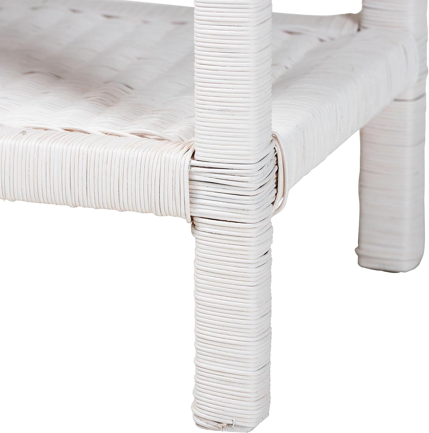Bali & pari Sumana Natural Rattan Side Table - Handwoven Wicker 2-Tier Accent End Table with Scalloped Tray Top for Living Room, White