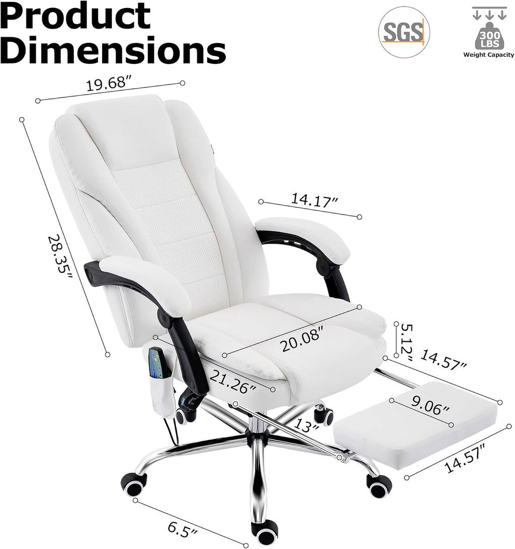 TonghuaS Massage Office Chair with Foot Rest Vibration and Heating, 90-130° Reclining Desk Chair, Ergonomic Reclining Computer Gaming Leather Chair(White)