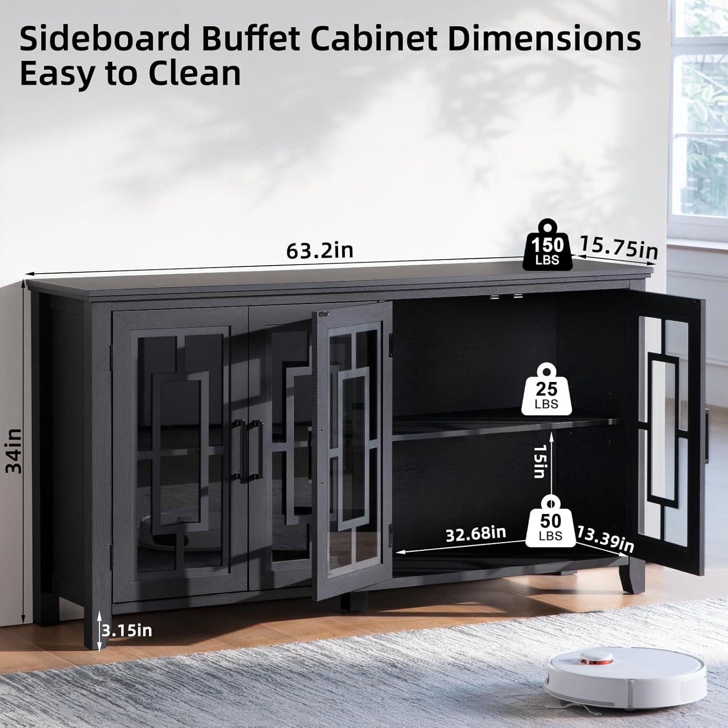 Joaxswe Large Sideboard Buffet Cabinet with Storage, 63" Farmhouse Credenza with 4 Glass Doors, Adjustable Shelves Console Table, Wood Kitchen Coffee Bar for Dining Room, Living Room, Black