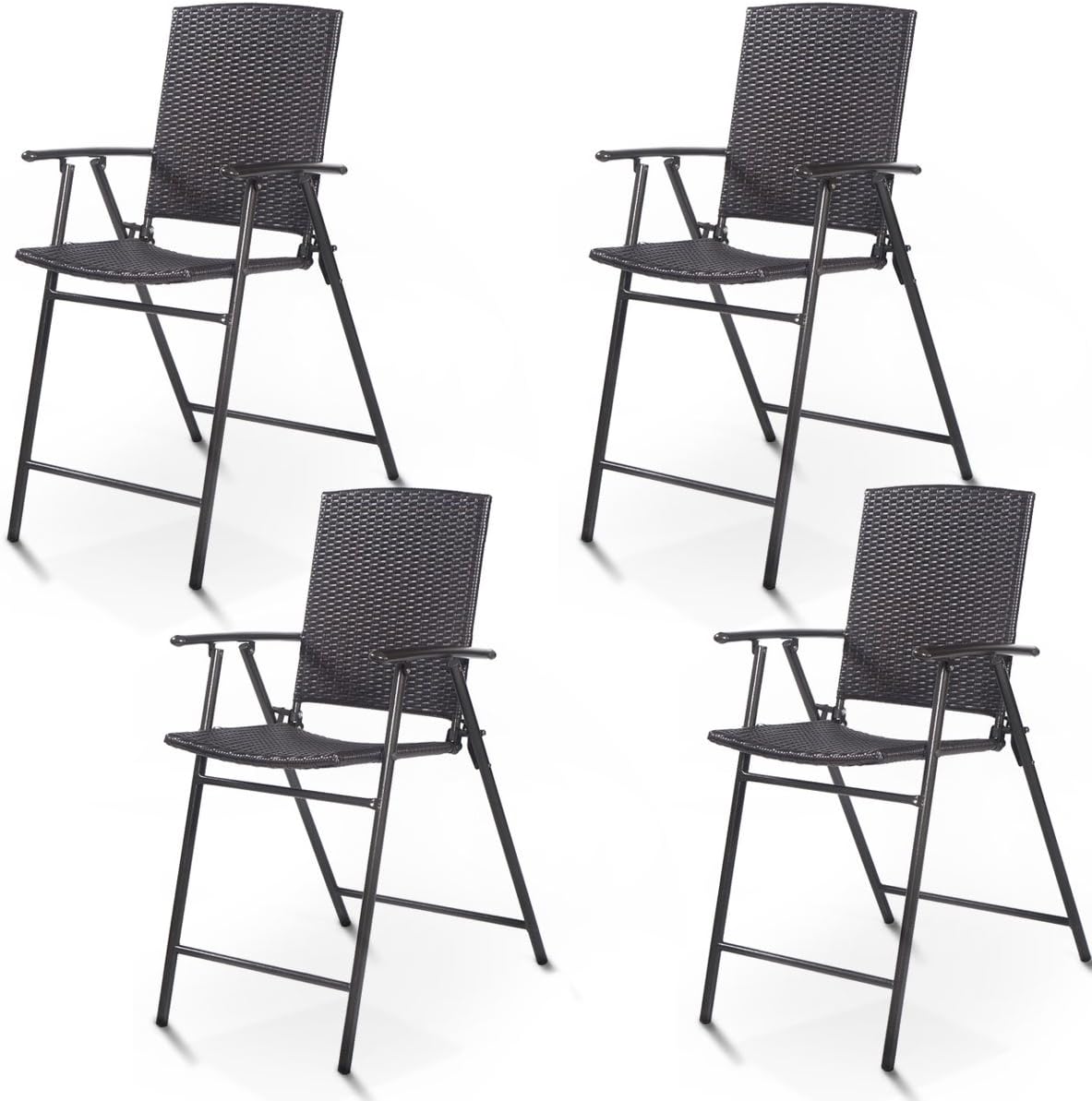 Tangkula 4 Piece Folding Patio Bar Chairs, Lightweight Portable Foldable Space Saving Wicker Bar Stools with Armrest & Footrest, for Lawn Patio Beach Garden Deck