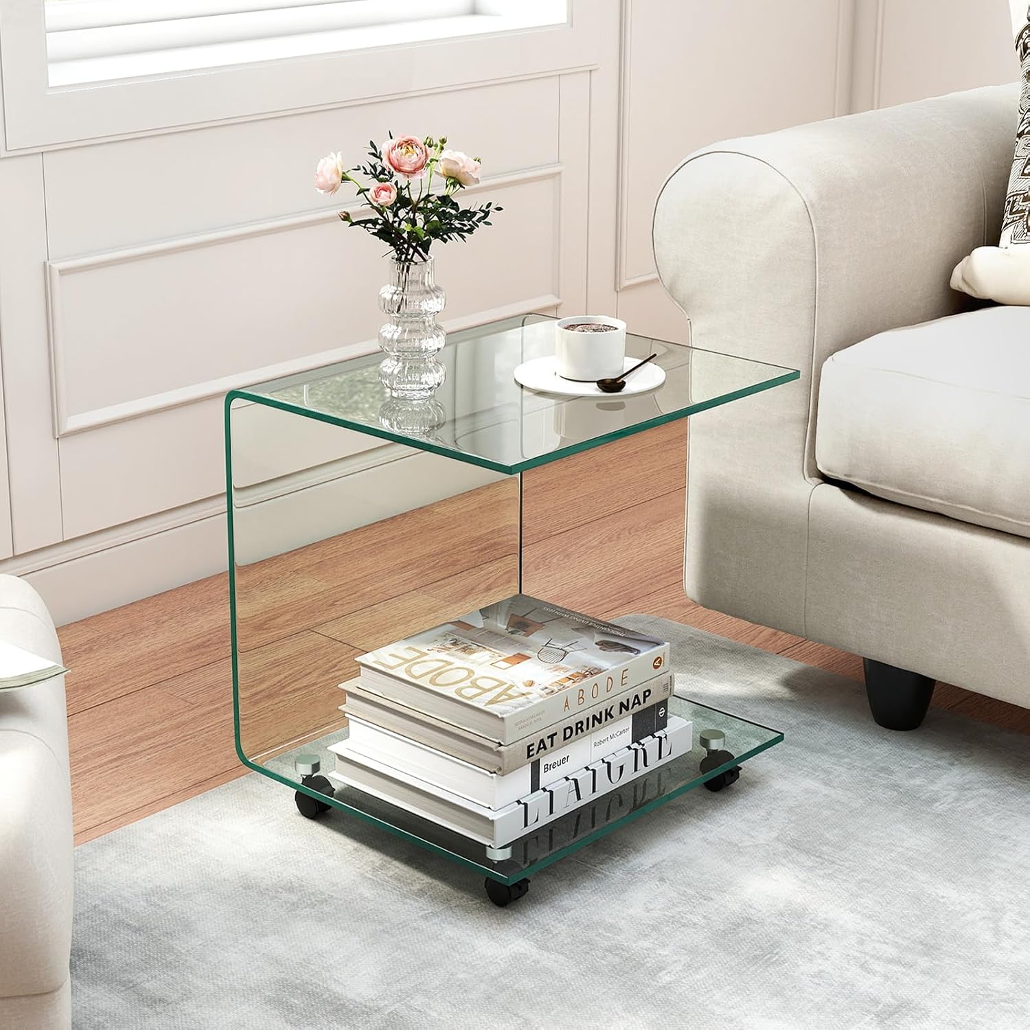 Tangkula Tempered Glass Side Table, Modern C-Shaped Bedside Table Nightstand with Storage Shelf, 4 Lockable Universal Wheels, Rolling Sofa End Table for Living Room Bedroom Office (1, Transparent)
