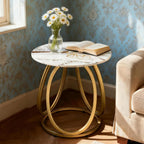 O&K FURNITURE Gold Side Table Living Room, Round End Table with Marbling Stone, Nightstand with Metal Frame, for Bedroom, Home Office, 1PC