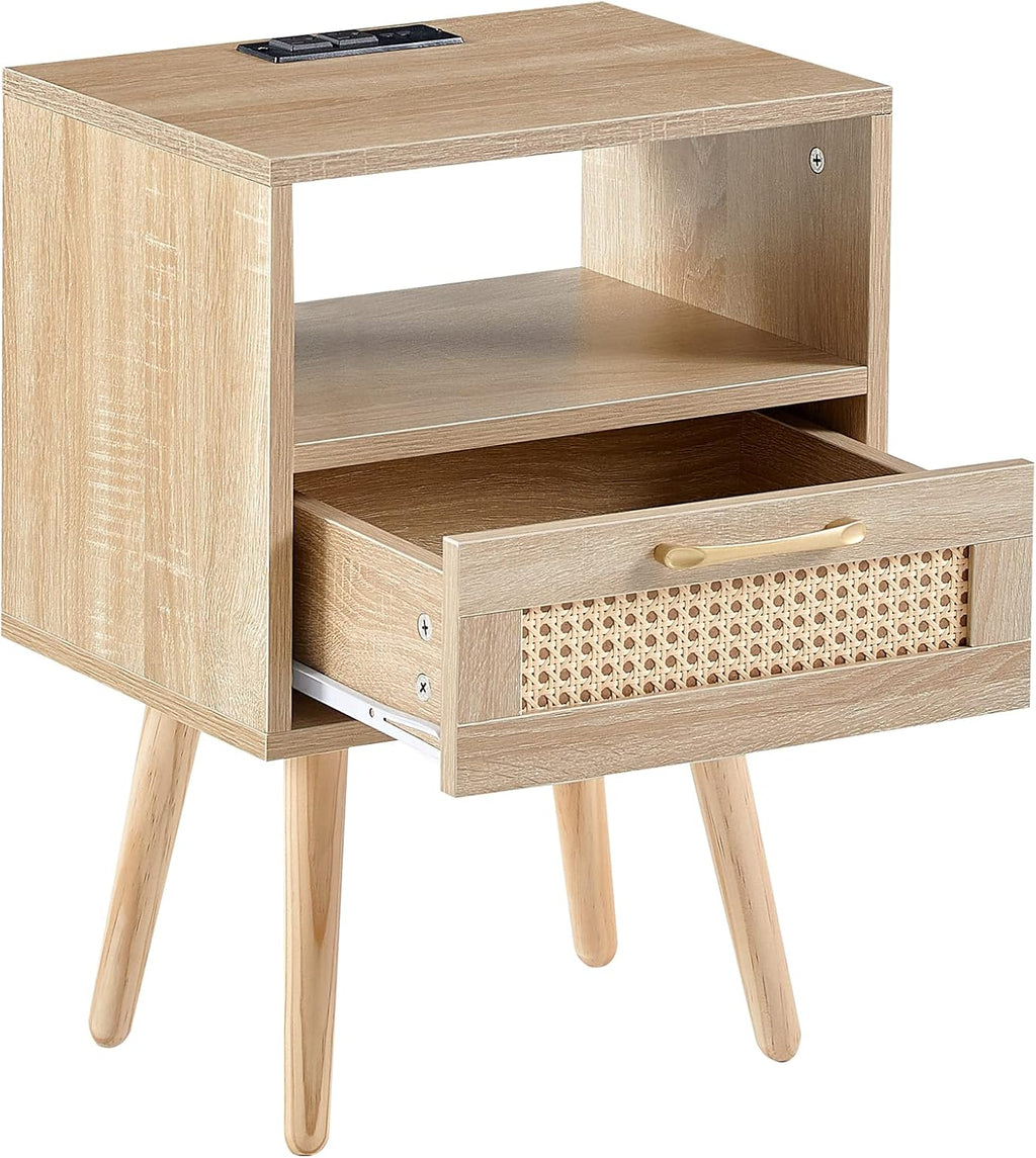 ZenithX 15.75" Rattan End Table with Power Outlet & USB Ports, Modern nightstand with Drawer and Solid Wood Legs, Side Table for Living Room, Bedroom,Natural