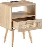 ZenithX 15.75" Rattan End Table with Power Outlet & USB Ports, Modern nightstand with Drawer and Solid Wood Legs, Side Table for Living Room, Bedroom,Natural