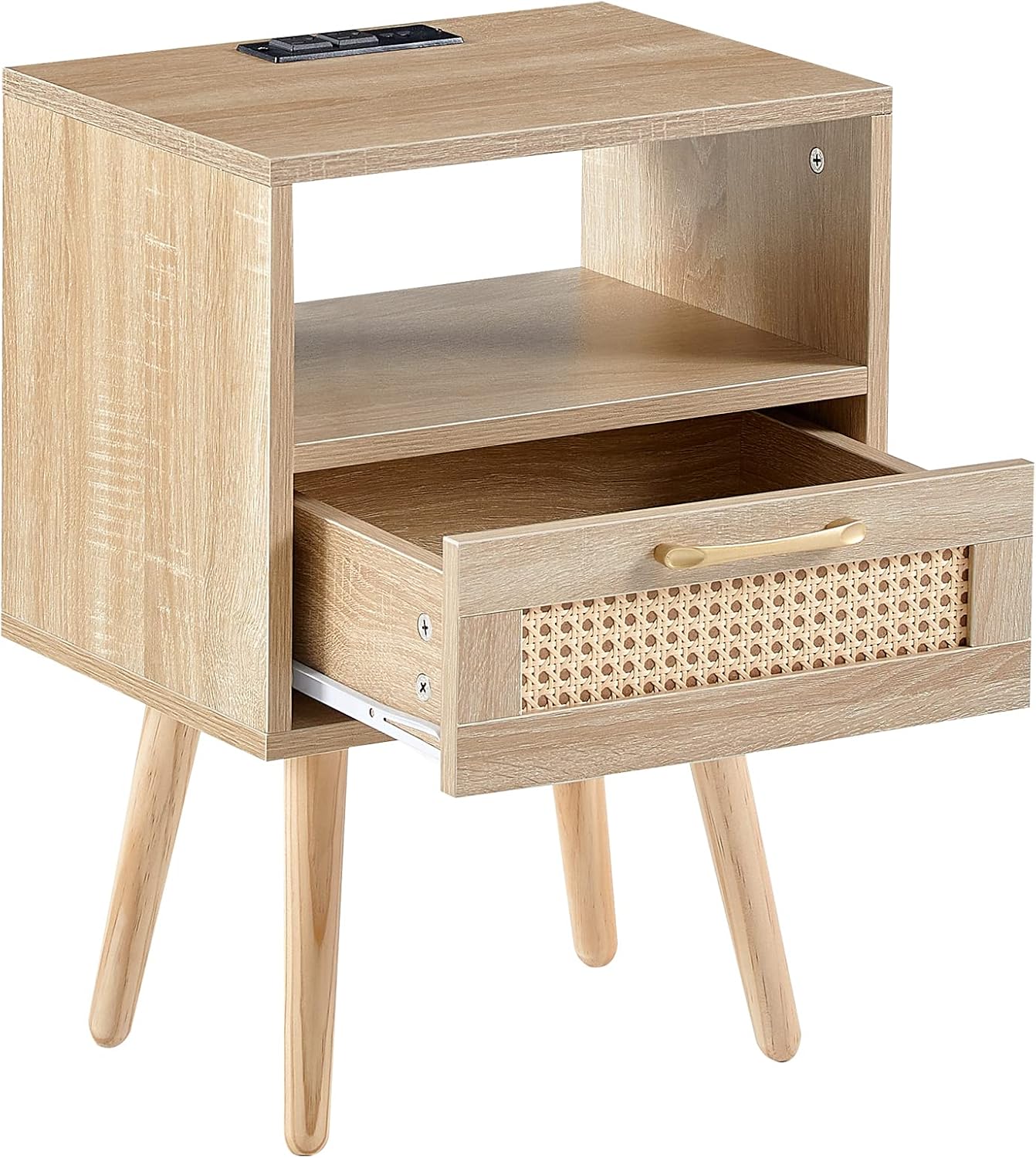 ZenithX 15.75" Rattan End Table with Power Outlet & USB Ports, Modern nightstand with Drawer and Solid Wood Legs, Side Table for Living Room, Bedroom,Natural