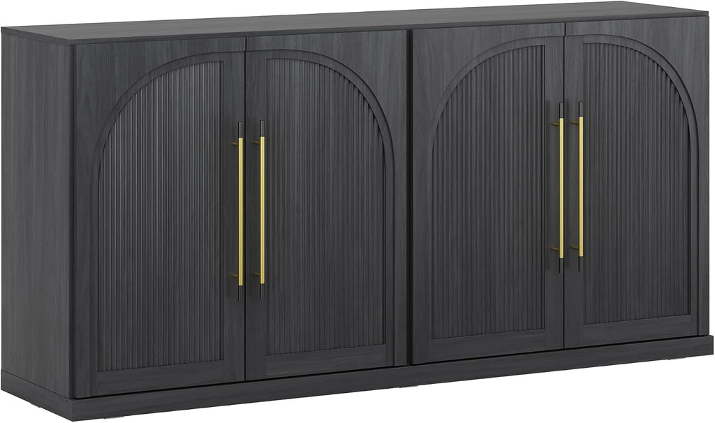 BELLEZE 65 Inch Sideboard Cabinet with Double-Arc Wood Doors, Large Buffet Cabinet with Storage and Adjustable Shelves, Classic Modern Console Table for Dining Room Living Room Entryway (Ebony)
