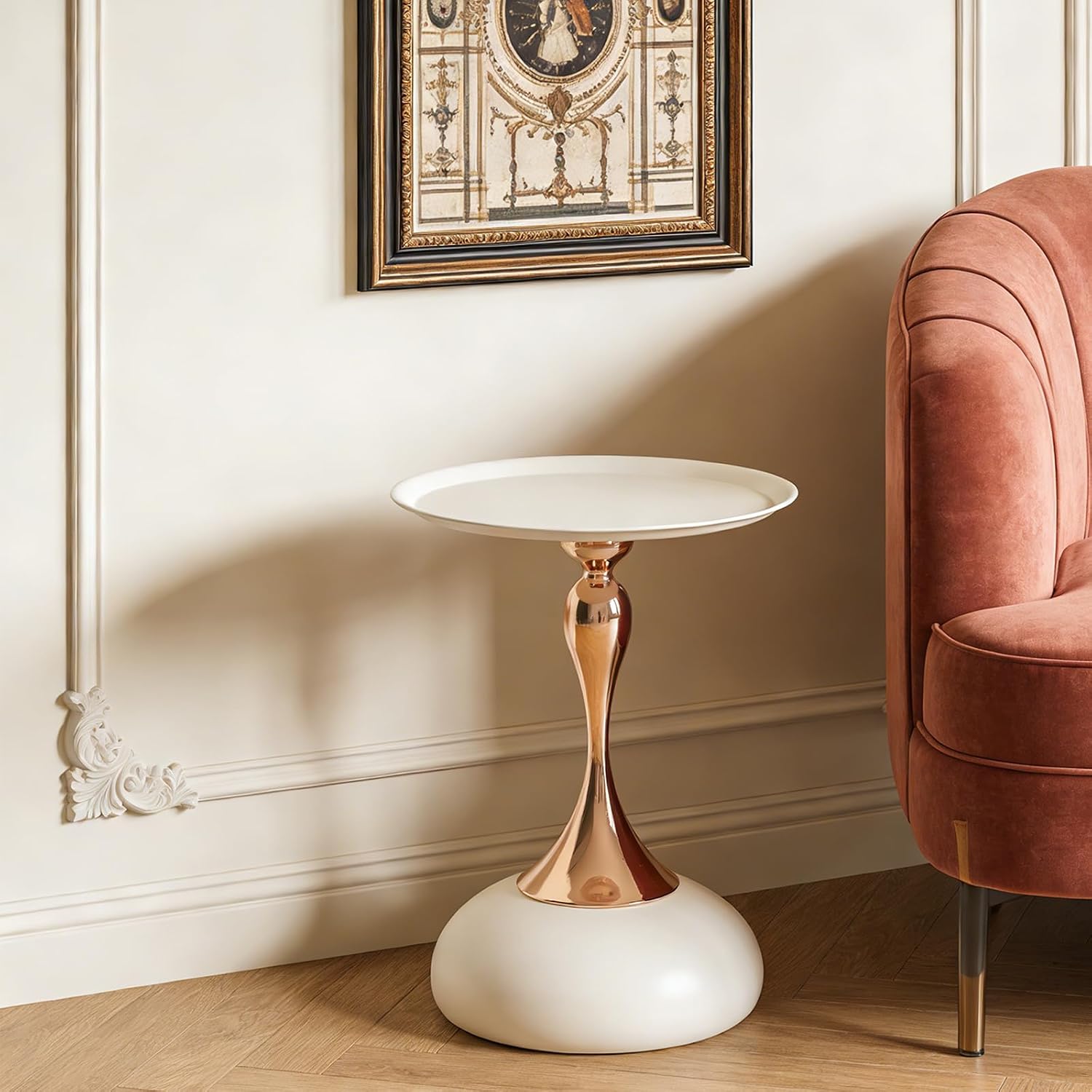 Small Round Side Table, 21.7" H Pedestal Metal End Table for Small Spaces Modern Simple Drink Table White Gold Martini Table for Living Room Bedroom (White)