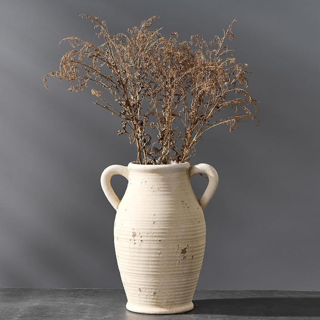 Vaseking Large Ceramic Rustic Vase with 2 Handles, 9.8 inch Farmhouse Distressed Flower Vase for Home Decor, Living Room, Shelf Decor, Pampas Grass, Enterway, Table Decoration, Gift, White