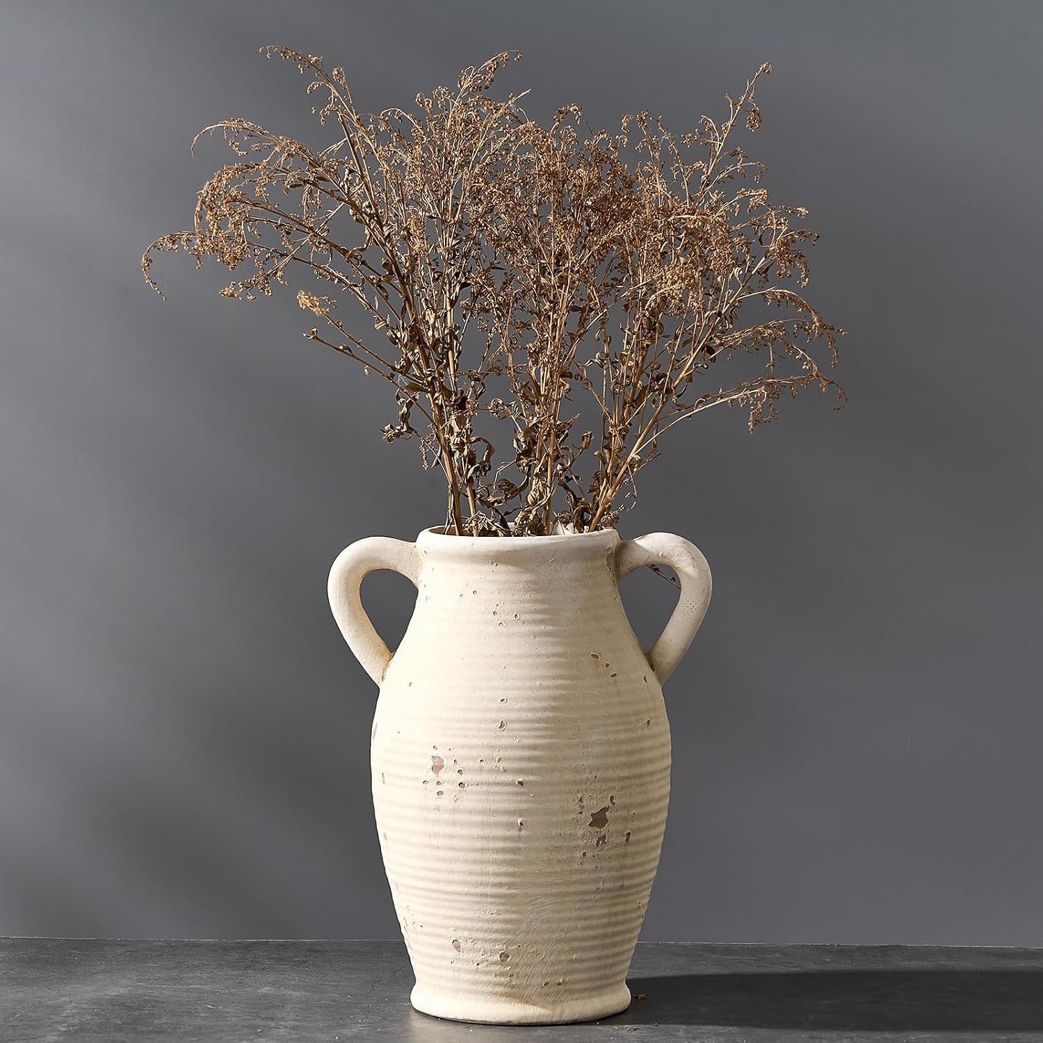 Vaseking Large Ceramic Rustic Vase with 2 Handles, 9.8 inch Farmhouse Distressed Flower Vase for Home Decor, Living Room, Shelf Decor, Pampas Grass, Enterway, Table Decoration, Gift, White