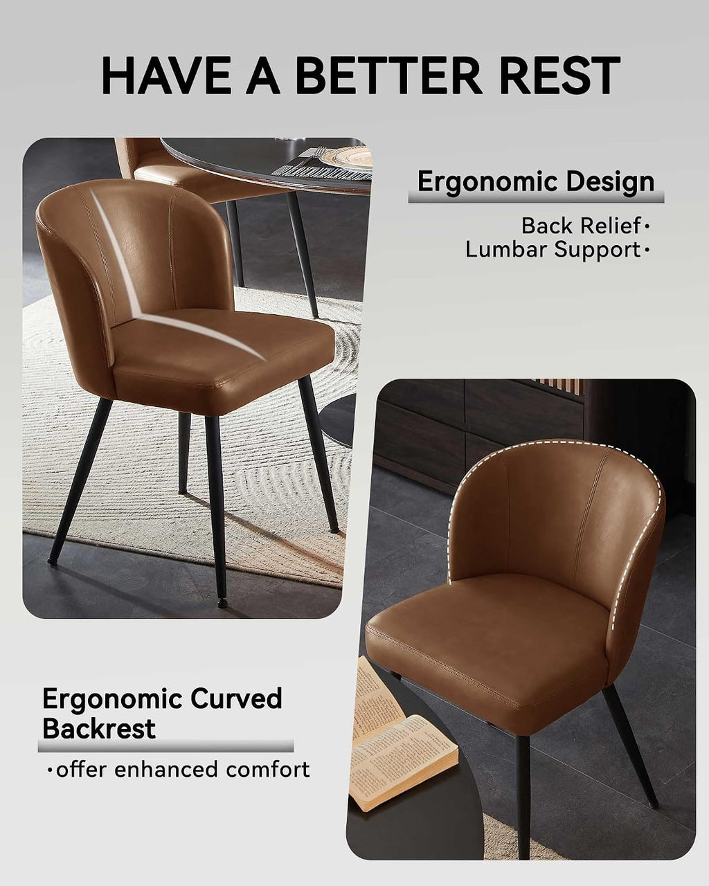 Susalt Dining Chairs Set of 2, Upholstered Kitchen Chairs with Faux Leather Cushion Seat and Metal Legs, Mid Century Modern Dining Room Chair for Kitchen, Living Room, Easy Assembly, Brown