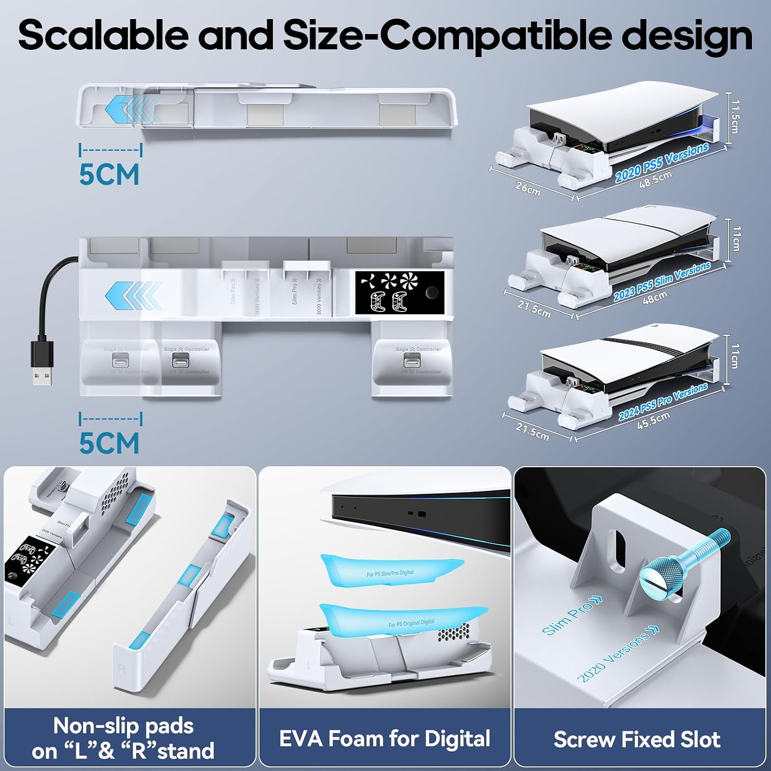 PS5/Slim/Pro Horizontal Stand with Cooling Fan & Charger for Original & Edge Controllers, Scalable Design PS5 Accessories Base with EVA Foams for All PS Five Disc & Digital, PS 5 Sideways Stand White