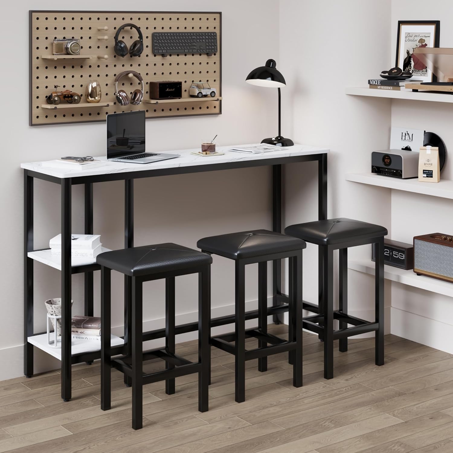 HUGROVE 4-Piece Counter Height Table with 3 PU Upholstered Bar Stools, 57.08" Faux Marble Table Top with Storage, Modern Bar Table and Chairs Set for Kitchen, Living Room, Small Space, Pub (Charcoal)
