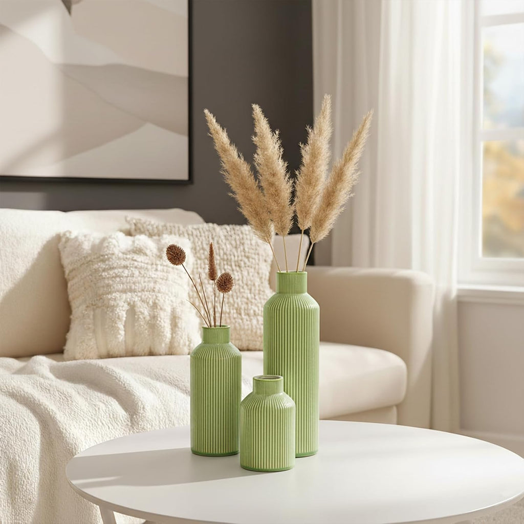 Ceramic Flower Vase Set of 3, Green Modern Vases Home Decor, Small Ribbed Textured Vase, Bathroom, Living Room, Fireplace, Table Decor