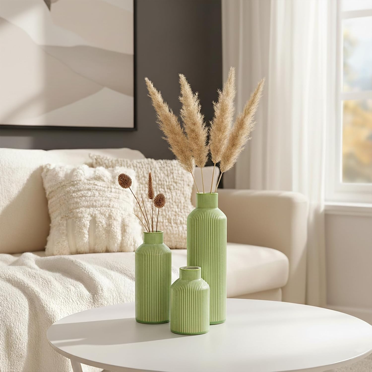 Ceramic Flower Vase Set of 3, Green Modern Vases Home Decor, Small Ribbed Textured Vase, Bathroom, Living Room, Fireplace, Table Decor